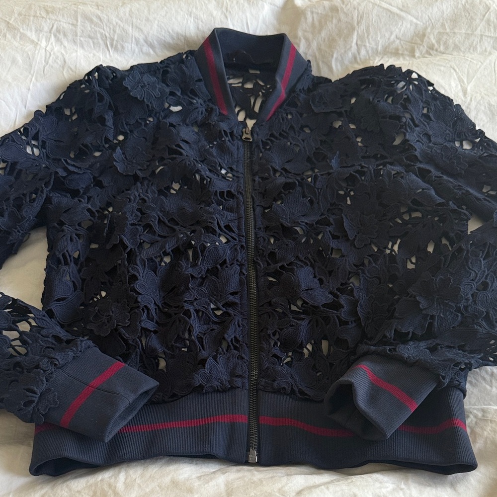 Navy Floral Lace Bomber Jacket